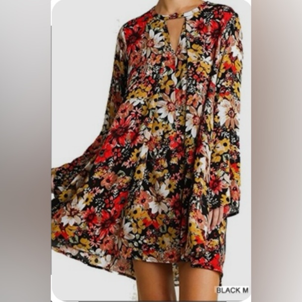Umgee Boho Navy Blue Floral Bell Sleeve Trapeze Swing Dress Tunic Top Size L